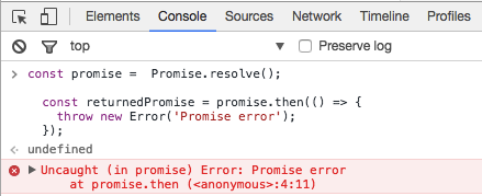 Google Chrome displays an error for exceptions thrown in promises