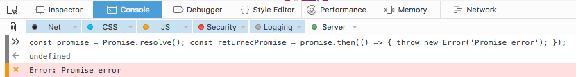 Firefox (version 51.0.1) displays an error for exceptions thrown in promises